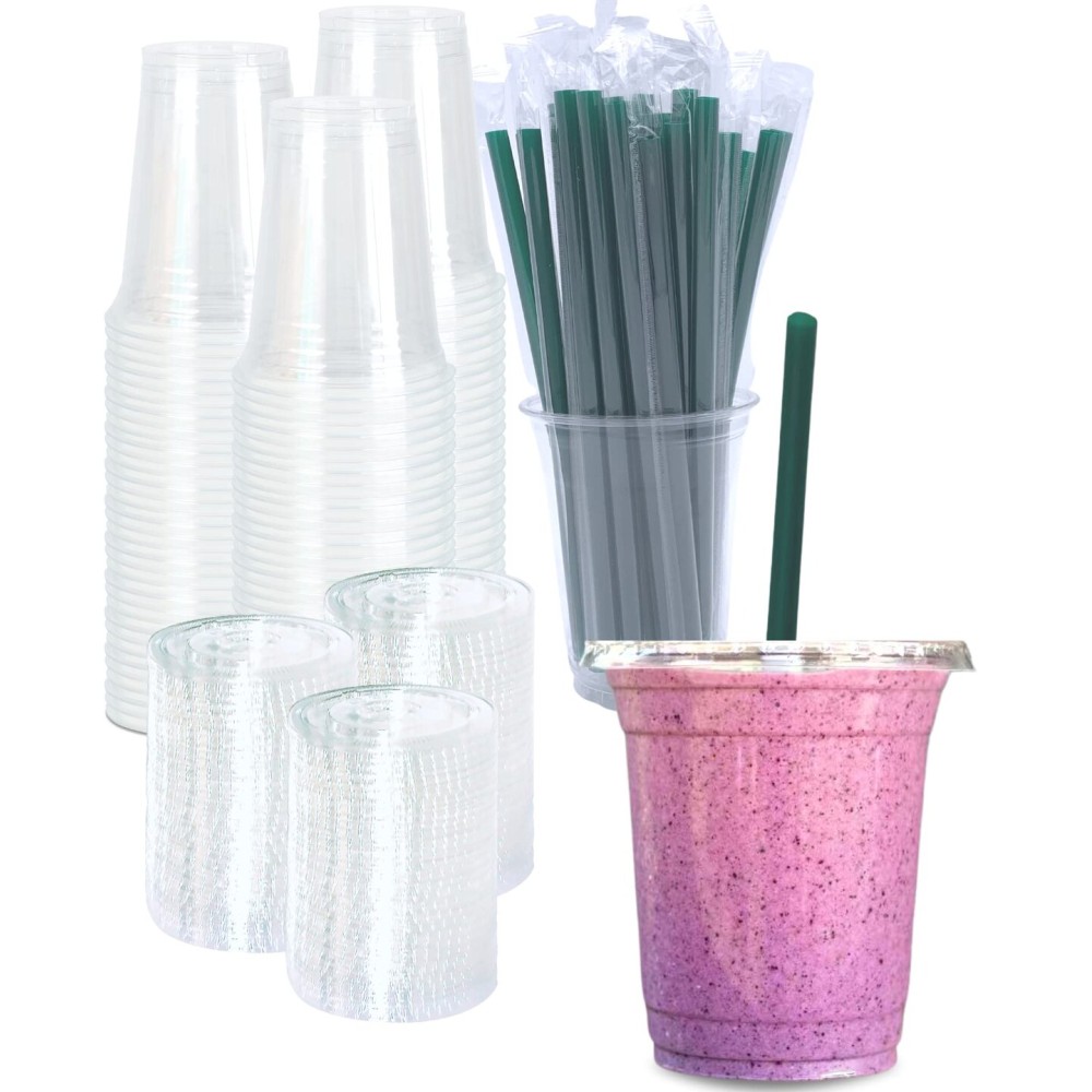 [100 SETS] 12 oz Clear Plastic Cups with Lids and STRAWS, Disposable Iced Coffee cups with lids, Clear Cups with Lids for Cold Drinks, Iced Tea, Milkshakes, Smoothies