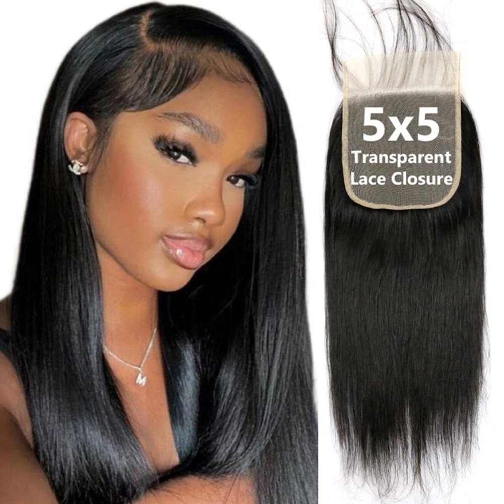 5x5 Transparent HD Lace Silky Straight Hair Invisible Lace 12A Brazilian Virgin Remy Human Hair Frontal Closure 100% Human Hair Extensions Pre Plucked Natural Black 14 Inch