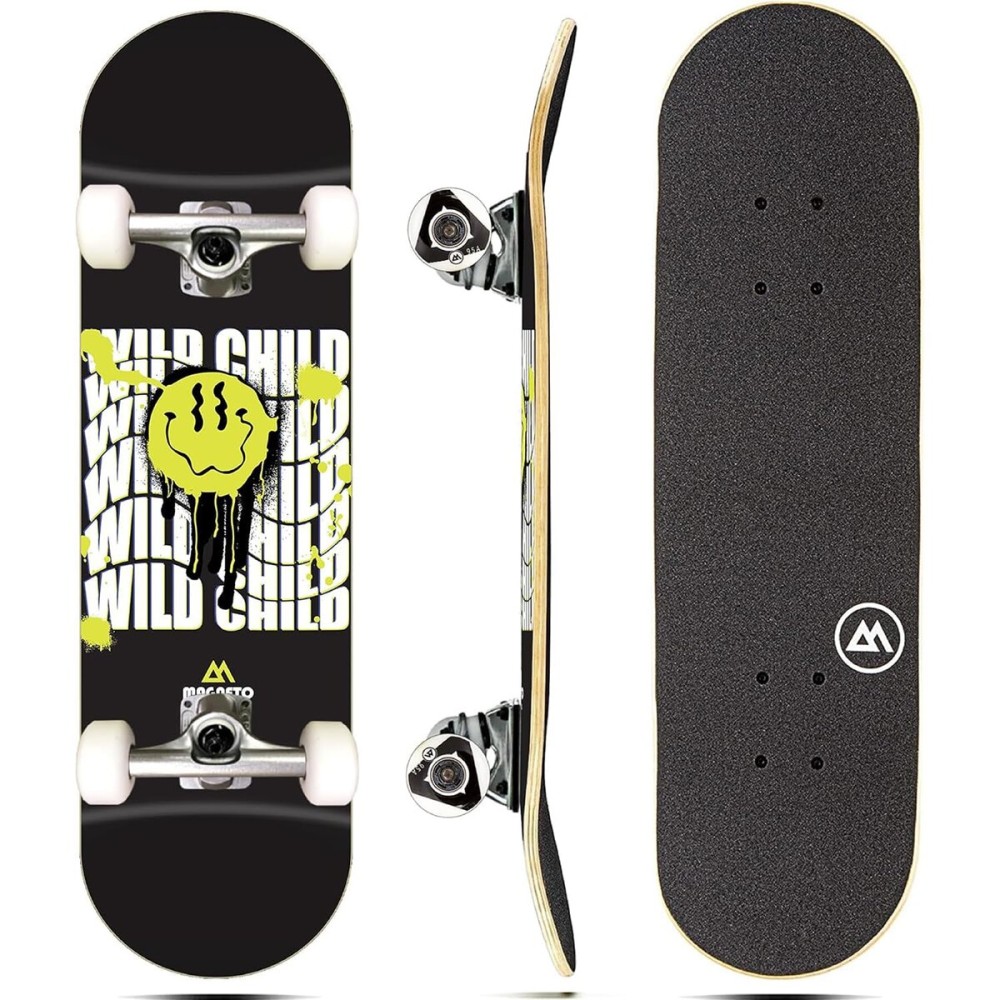 Magneto Maple Wood Complete Skateboard - Quality Skateboard for Kids - Wide Deck for Adult Men - Kids 27.5in x 7.75in, Wild Child
