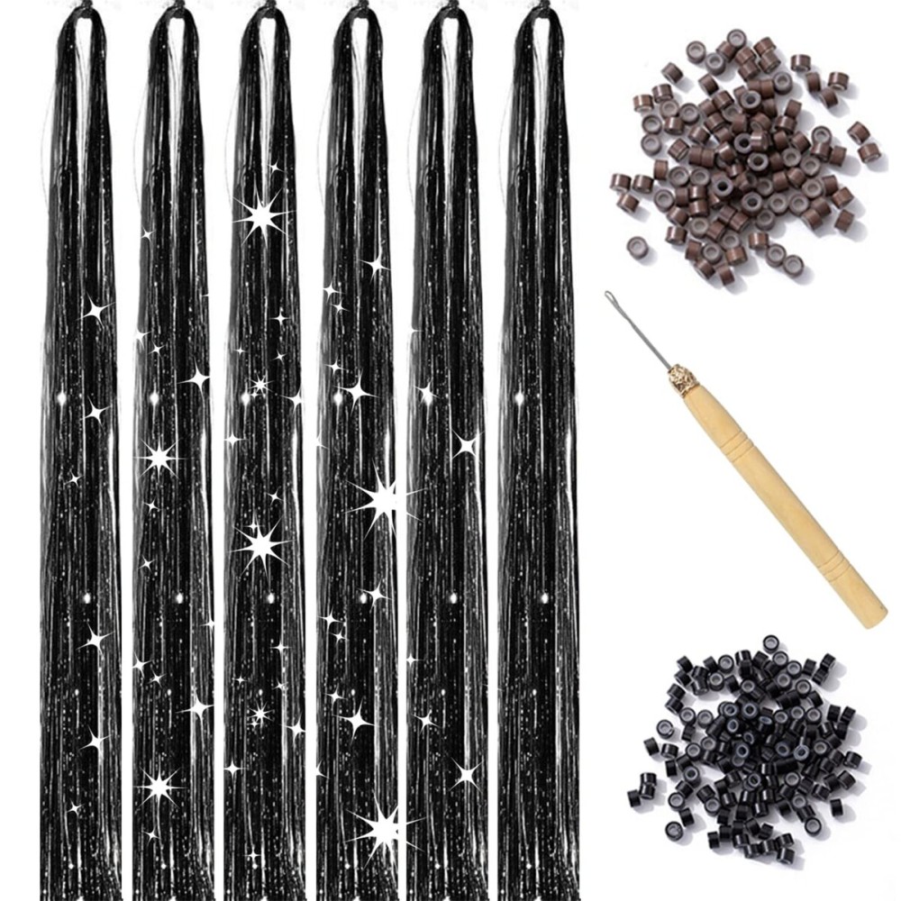 Black Hair Tinsel Kit with Tool 6pcs 1200 Strands Glitter Tinsel Hair Extensions Heat Resistant Sparkling Shiny Fairy Hair Accessories for Women Girls Kids 47Inch