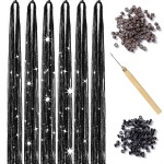 Black Hair Tinsel Kit with Tool 6pcs 1200 Strands Glitter Tinsel Hair Extensions Heat Resistant Sparkling Shiny Fairy Hair Accessories for Women Girls Kids 47Inch