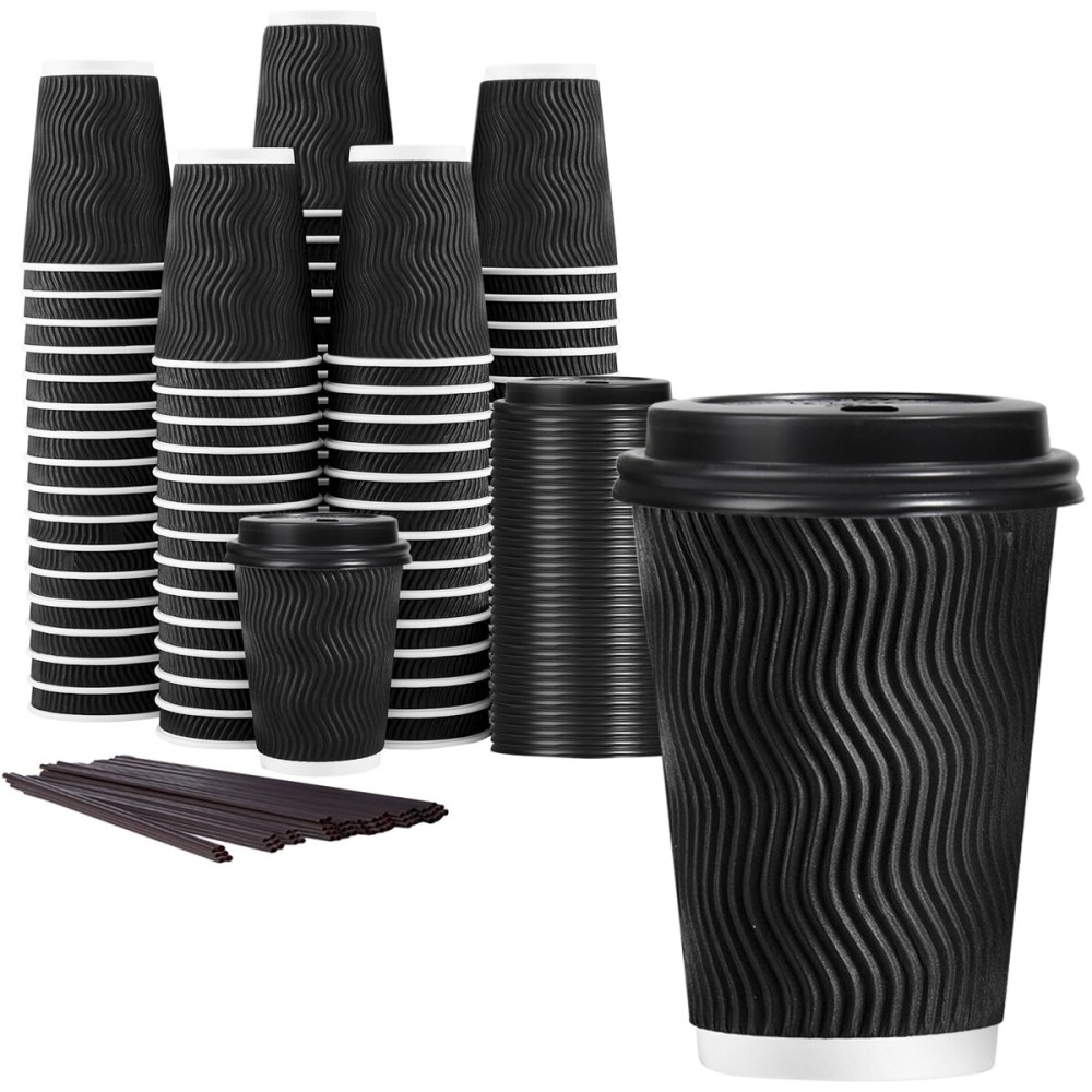 Lamosi 12 oz Disposable Coffee Cups with Lids, 50 Pack Insulated Hot Cups To Go Paper Coffee Cups with Lids and Straws, Corrugated Ripple Wall Cup for Hot Drink, Office, Coffee Bar (Black)