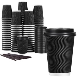 Lamosi 12 oz Disposable Coffee Cups with Lids, 50 Pack Insulated Hot Cups To Go Paper Coffee Cups with Lids and Straws, Corrugated Ripple Wall Cup for Hot Drink, Office, Coffee Bar (Black)