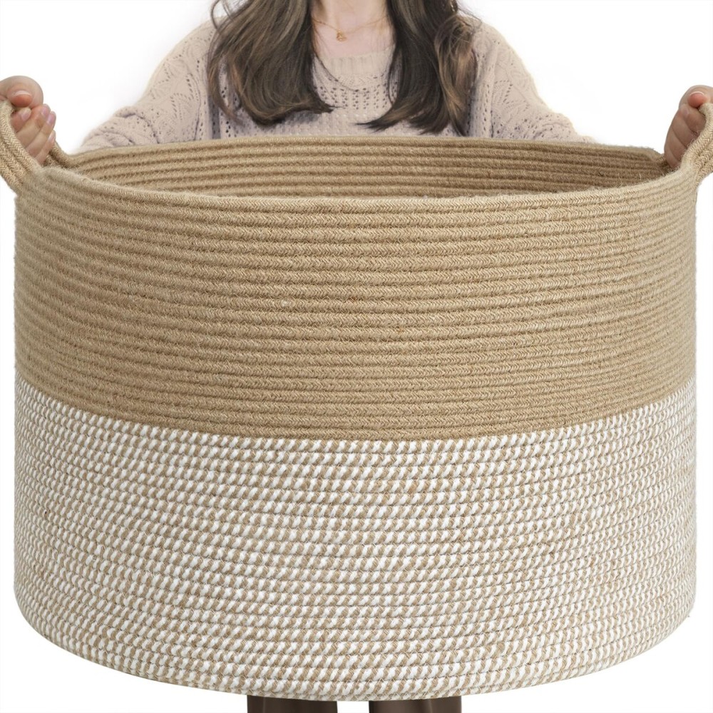 INDRESSME Extra Large Woven Baskets for Storage, 21.7\'\' x 13.8\'\' Wicker Basket with Handle for Blankets, Big Laundry Baskets for Clothes, Pillows, Towel, Shoe Basket for Entryway, 90L White Jute