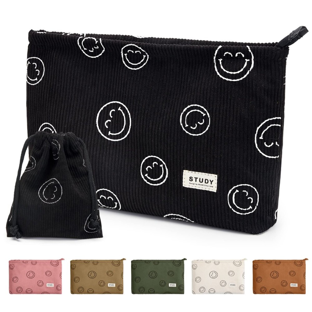 WLLWOO Makeup Bag-2pcs Smile Face Corduroy Cosmetic Bag Zipper Interior Waterproof Pencil Case Coin Purse Travel Toiletry Small Makeup Pouch For Women