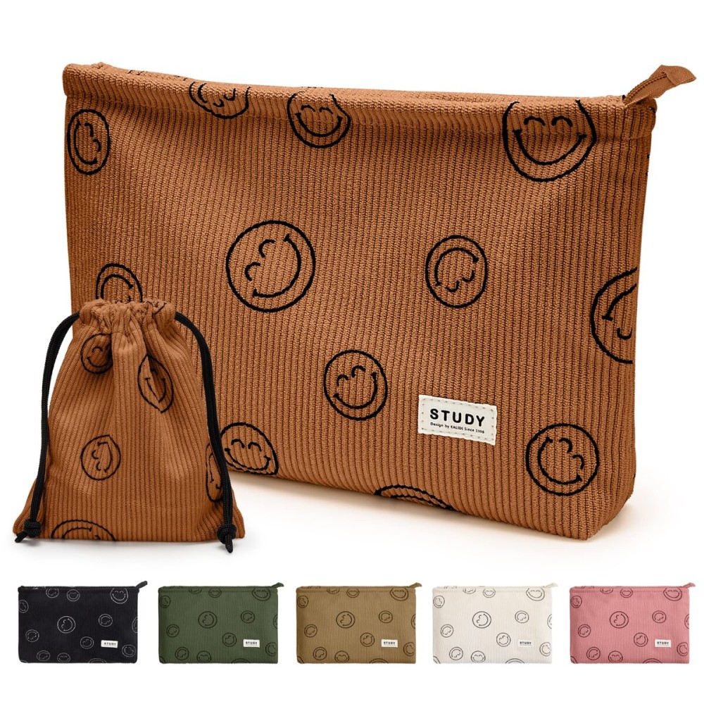 WLLWOO Makeup Bag-2pcs Smile Face Corduroy Cosmetic Bag Zipper Interior Waterproof Pencil Case Coin Purse Travel Toiletry Small Makeup Pouch For Women