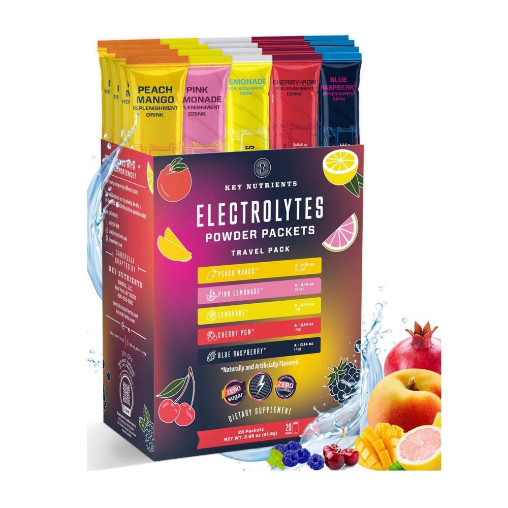 KEY NUTRIENTS Electrolytes Powder Packets 20 Pack - No Sugar, 5 Delicious Flavors, Hydration Packets with Electrolyte Powder for Refreshing Electrolyte Drink Mix Packets - Zero Calories
