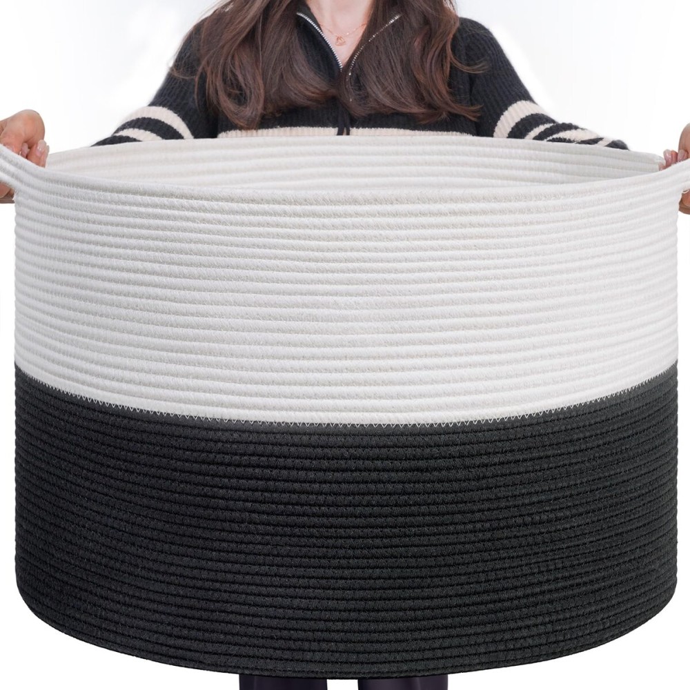 INDRESSME Large Cotton Rope Baskets for Storage, 21.7 x 13.8 Blanket Storage for Living Room Toy Baskets Kids, Baby Laundry Basket for Dirty Clothes, Pillows, 90L White & Black