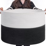 INDRESSME Large Cotton Rope Baskets for Storage, 21.7 x 13.8 Blanket Storage for Living Room Toy Baskets Kids, Baby Laundry Basket for Dirty Clothes, Pillows, 90L White & Black