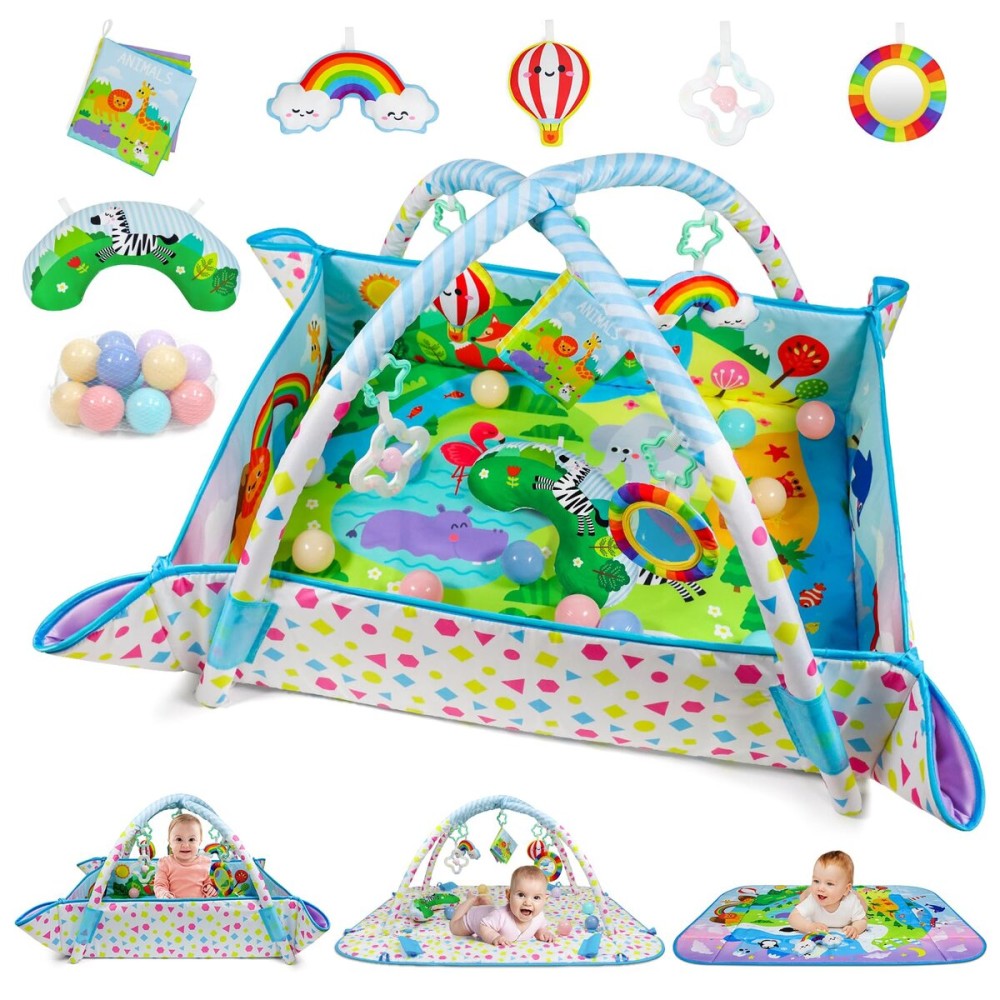 Dr.Rapeti Baby Play Gym Mat Animal Planet with Ball Pit Activity Gym Center Tummy Time Mat Thickened Mat Sensory Exploration Motor Skill Development for Newborn Infant Baby Toddler for 0+