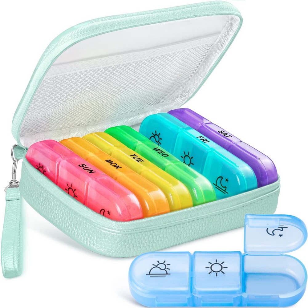AMOOS Cute Pill Organizer 3 Times a Day, Large Daily Pill Case for Women, Portable Pill Box 7 Day for Purse with Bag & Zipper to Hold Vitamins, Medications, Fish Oils, Supplements (Cyan Blue)