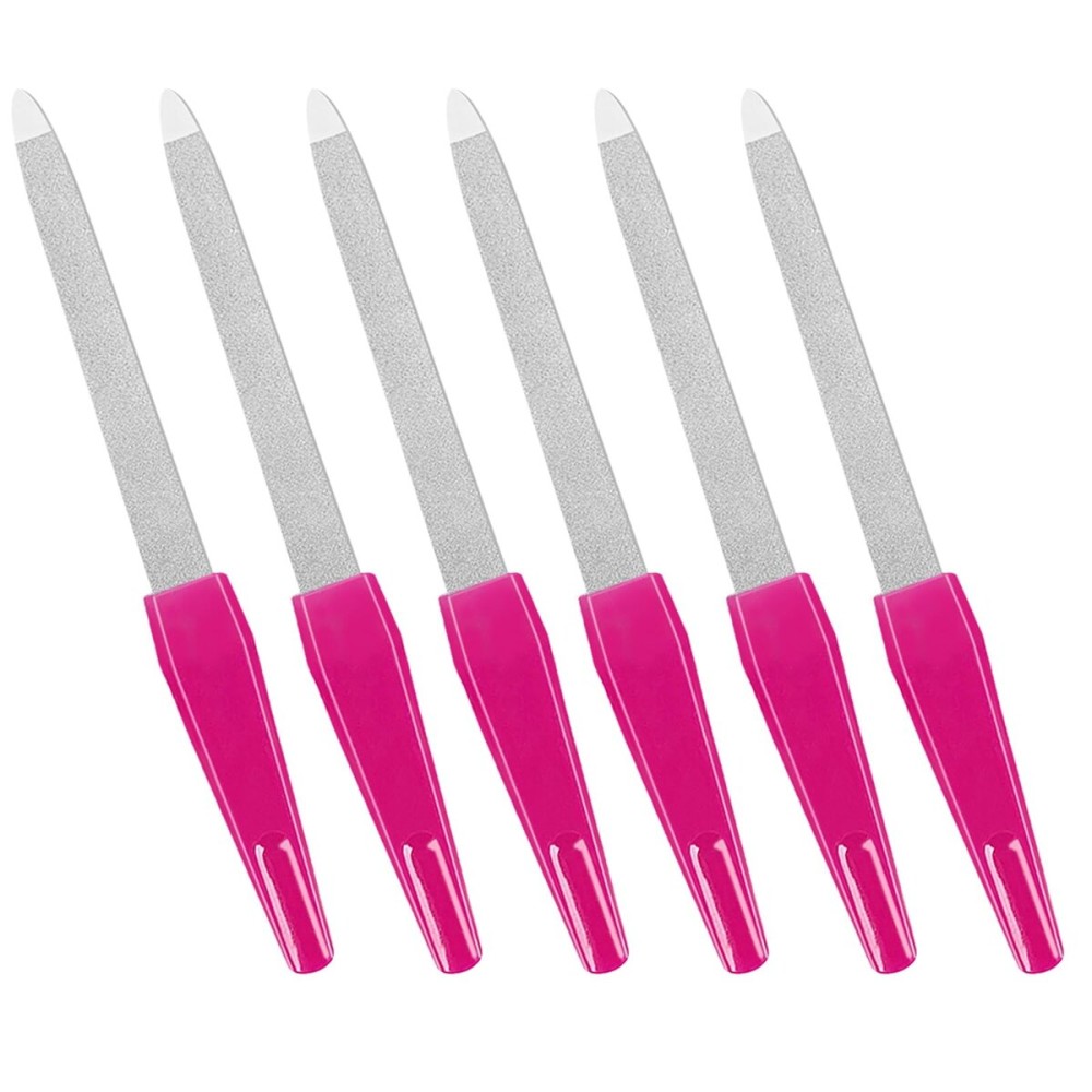 Metal Nail Files with Sharp Pointed Tip Made of Stainless Steel Non Slip Handle, Nail File Double Sided Sapphire Grit for Natural Nails Fingernails limas de uas metlicas Color Pink (6 Pcs)