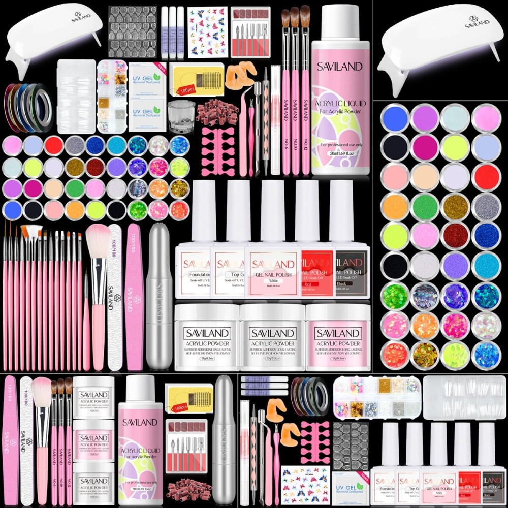 SAVILAND Acrylic Nail Kit with Drill and U V Light - Clear White Pink Acrylic Powder Black Red White Gel Nail Polish Nail Tools for Nail Art Gel Nails DIY