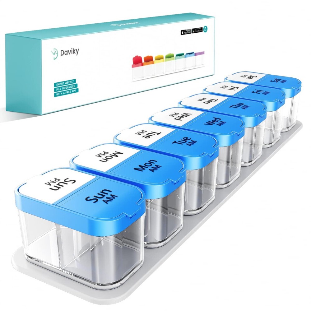Daviky Large Pill Organizer 2 Times a Day - XL Pill Box 7 Day, Big Vitamin Holder with 7 Detachable AM/PM Compartments, Big Supplement Container for Weekly or Daily Use (Blue)