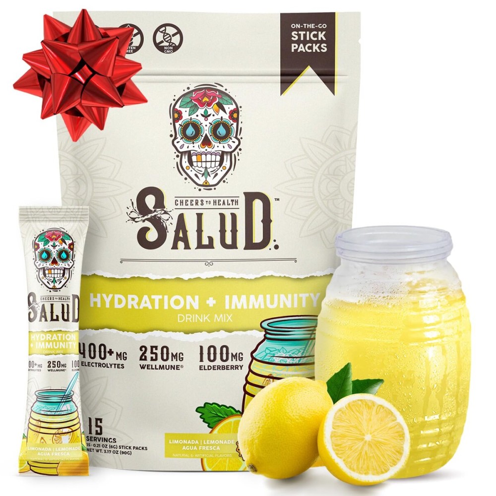 Salud 2-in-1 Hydration Packets + Immunity Electrolytes Powder, Lemonade - Agua Fresca Drink Mix, Elderberry, Dairy & Soy Free, Non-GMO, Gluten Free, Vegan, Low Calorie, 1g Sugar (15 Servings)