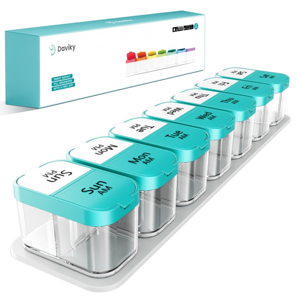 Daviky Large Weekly AM PM Pill Organizer - 7 Day, 2 Times a Day With Extra Large Compartments for Vitamins, Medicine, Supplements (Cyan)
