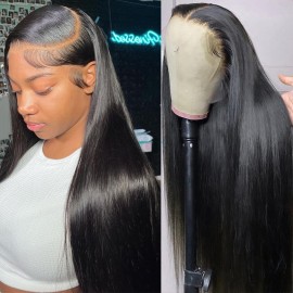 Iris Queen 12A 220 Density HD Lace Front Human Hair Wigs for Black Women Pre Plucked 13x4 Straight Transparent Lace Frontal Wigs with Baby Hair Natural Black Color(26 Inch)