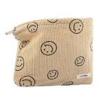 GUTGNK Makeup bag for Women, Corduroy Cosmetic Bag Aesthetic Design Ladies Tote Bag,Cute Smiley Face Makeup Organizer with Zipper - Khaki