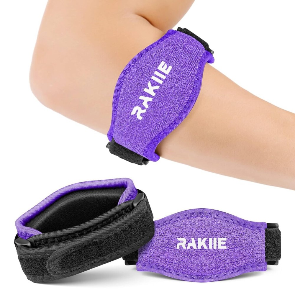 Rakiie Tennis Elbow Braces with EVA Cushion for All-round Support and Compression, Golfers Elbow Support Brace with Flexible Straps, Elbow Strap for Fitness, Weightlifting, Fishing, Sports, Purple