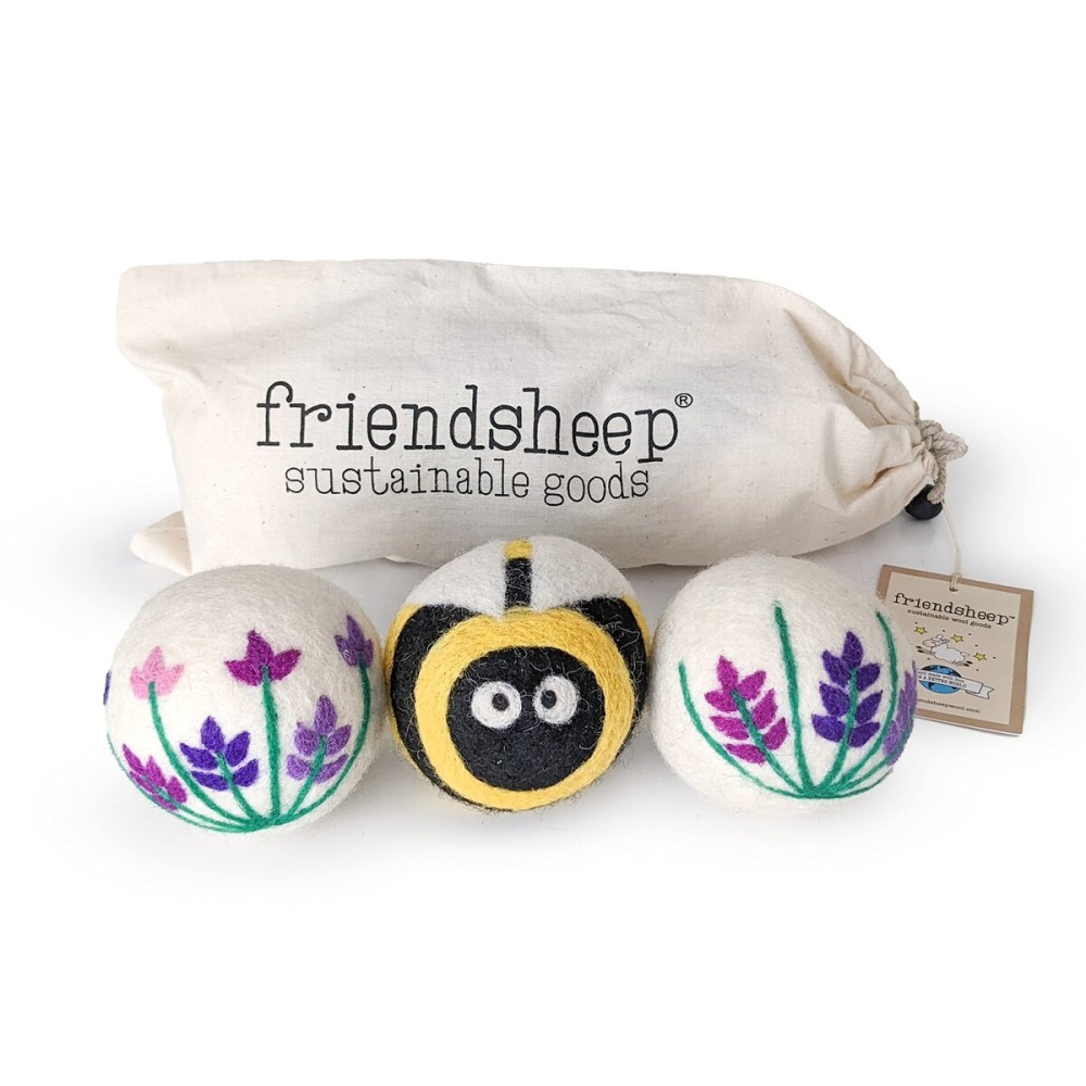 Friendsheep Wool Dryer Balls, Organic Reusable Fabric Softener Alternative for Laundry, Handmade, Fair Trade, Hypoallergenic, Eco-Friendly, Plastic-Free (3 Pack XL - Lavender Fields Bee Flower)