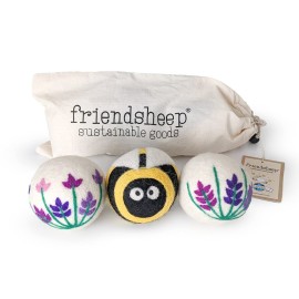 Friendsheep Wool Dryer Balls, Organic Reusable Fabric Softener Alternative for Laundry, Handmade, Fair Trade, Hypoallergenic, Eco-Friendly, Plastic-Free (3 Pack XL - Lavender Fields Bee Flower)