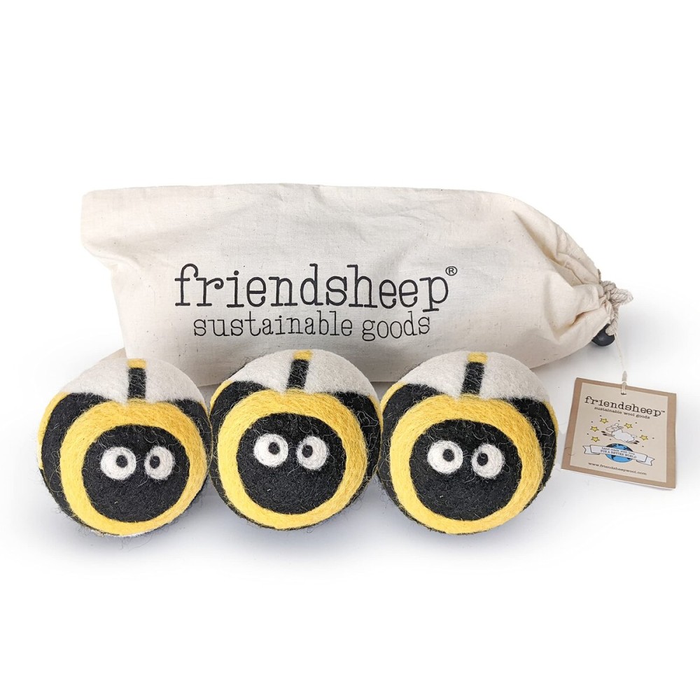 Friendsheep Wool Dryer Balls, Organic Reusable Fabric Softener Alternative for Laundry, Handmade, Fair Trade, Hypoallergenic, Eco-Friendly, Plastic-Free (3 Pack XL - Honey Bee)