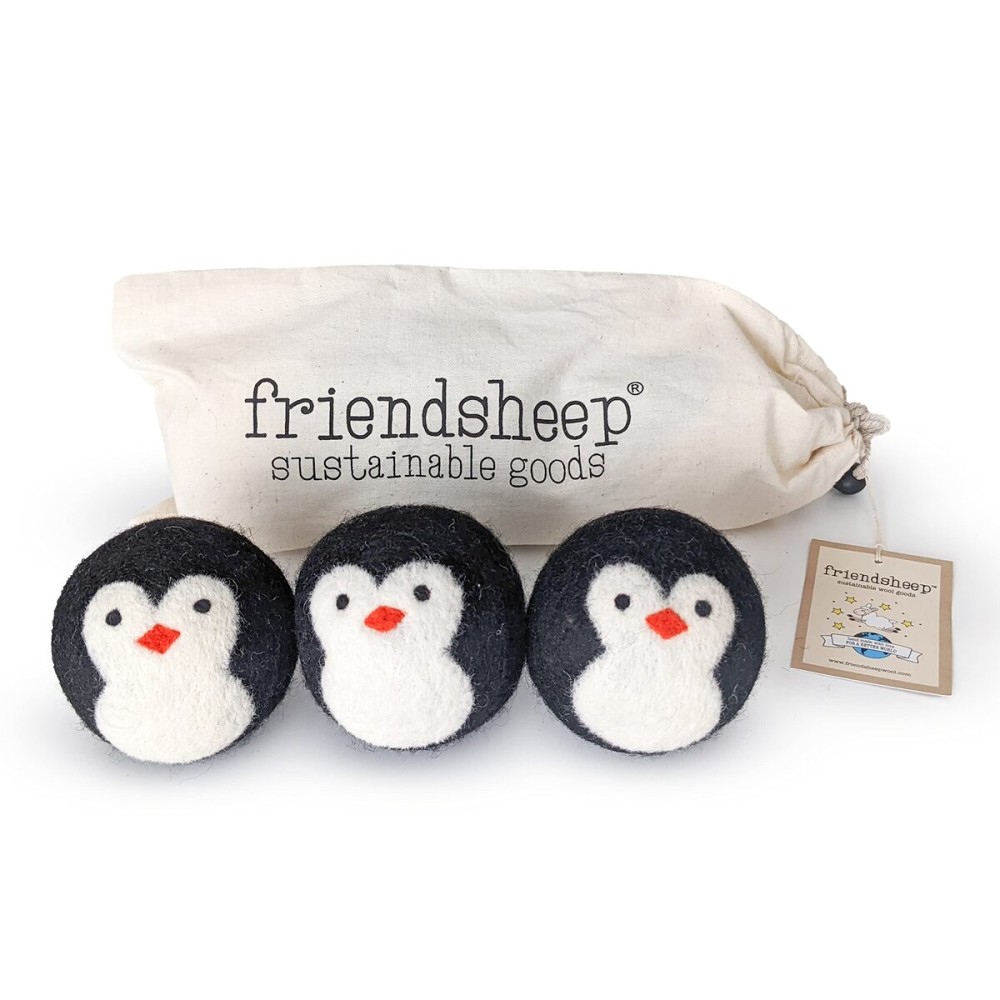 Friendsheep Wool Dryer Balls, Organic Reusable Fabric Softener Alternative for Laundry, Handmade, Fair Trade, Hypoallergenic, Eco-Friendly, Plastic-Free (3 Pack XL - Penguin)