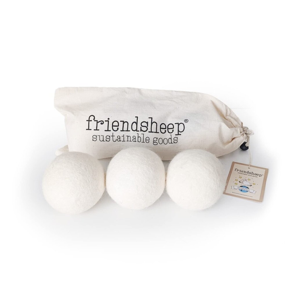 Friendsheep Wool Dryer Balls, Organic Reusable Fabric Softener Alternative for Laundry, Handmade, Fair Trade, Hypoallergenic, Eco-Friendly, Plastic-Free (3 Pack XL - White Trio)