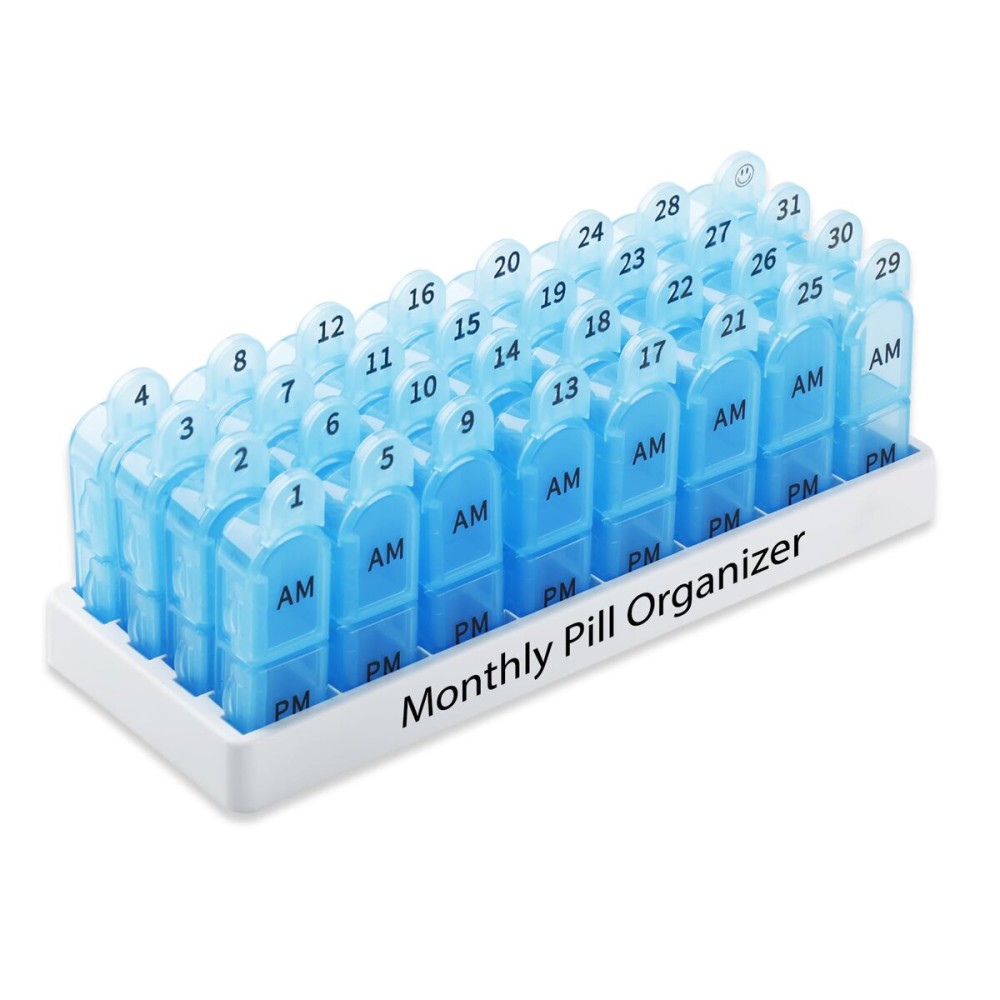 Daviky Monthly Pill Organizer 2 Times a Day, 30 Day Pill Box AM PM with Separate Container, One Month Medicine Case Twice a Day to Hold Vitamins, Supplements and Medication (Blue)
