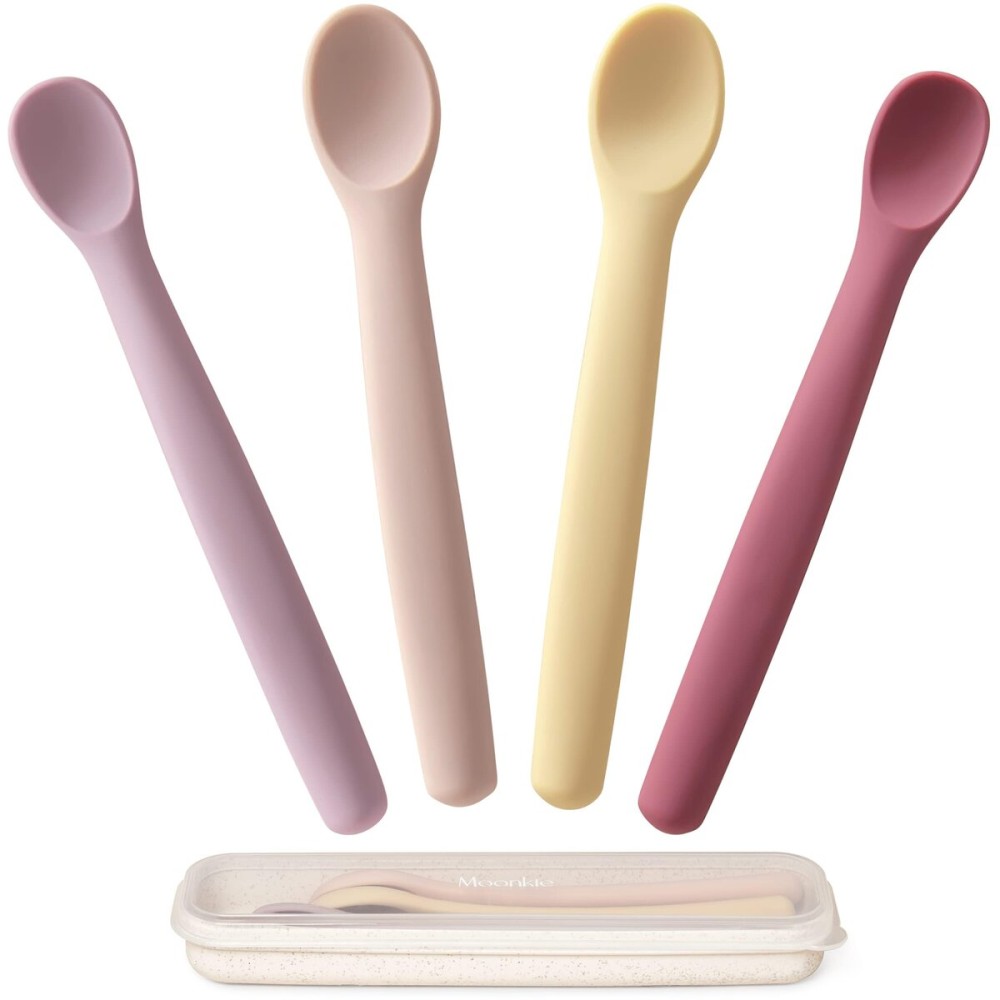 Moonkie Silicone Baby Spoons Set of 4, Two Sizes Feeding Spoon for First Stage 4+ Months, Baby Utensils with Case, Toddler Led Weaning Spoons, Bendable, Chewproof & Boil-proof