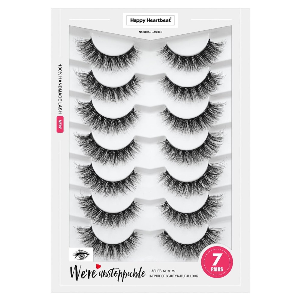 Happy Heartbeat 3D Clear Band Lashes 14mm Natural Soft Faux Mink Lashes C/D Curl Cat Eye Wispy Fake Eyelashes Short Cross Reusable False EyeLashes 7 Pairs (No.200)