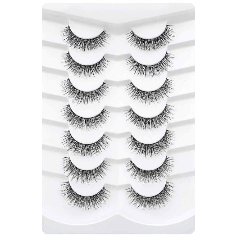 3D Clear Band False EyeLashes Natural Look Cat Eye Wispy Fake lashes Short Supernatural Cross Soft Reusable Lashes 7 Pairs-Happy Heartbeat(No.201)