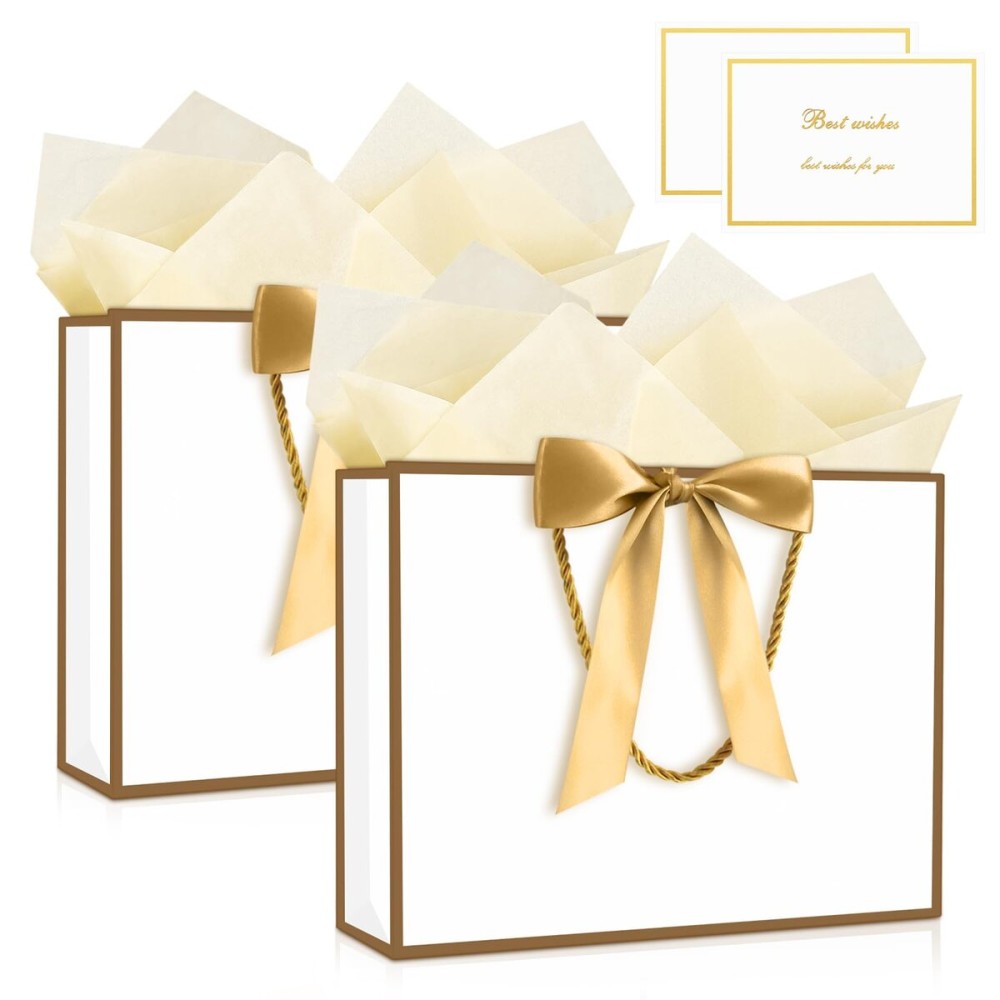 JMANNI Gift Bag, Medium Gift Bags with Tissue Paper, 2Pcs Gift Bags Medium Size with Handle and Bow Ribbon for Any Birthday, Weddings, Mothers Day & Special Occasion 11\'\'x7.87\'\'x4\'\' (Golden-White)