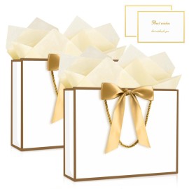 JMANNI Gift Bag, Medium Gift Bags with Tissue Paper, 2Pcs Gift Bags Medium Size with Handle and Bow Ribbon for Any Birthday, Weddings, Mothers Day & Special Occasion 11\'\'x7.87\'\'x4\'\' (Golden-White)