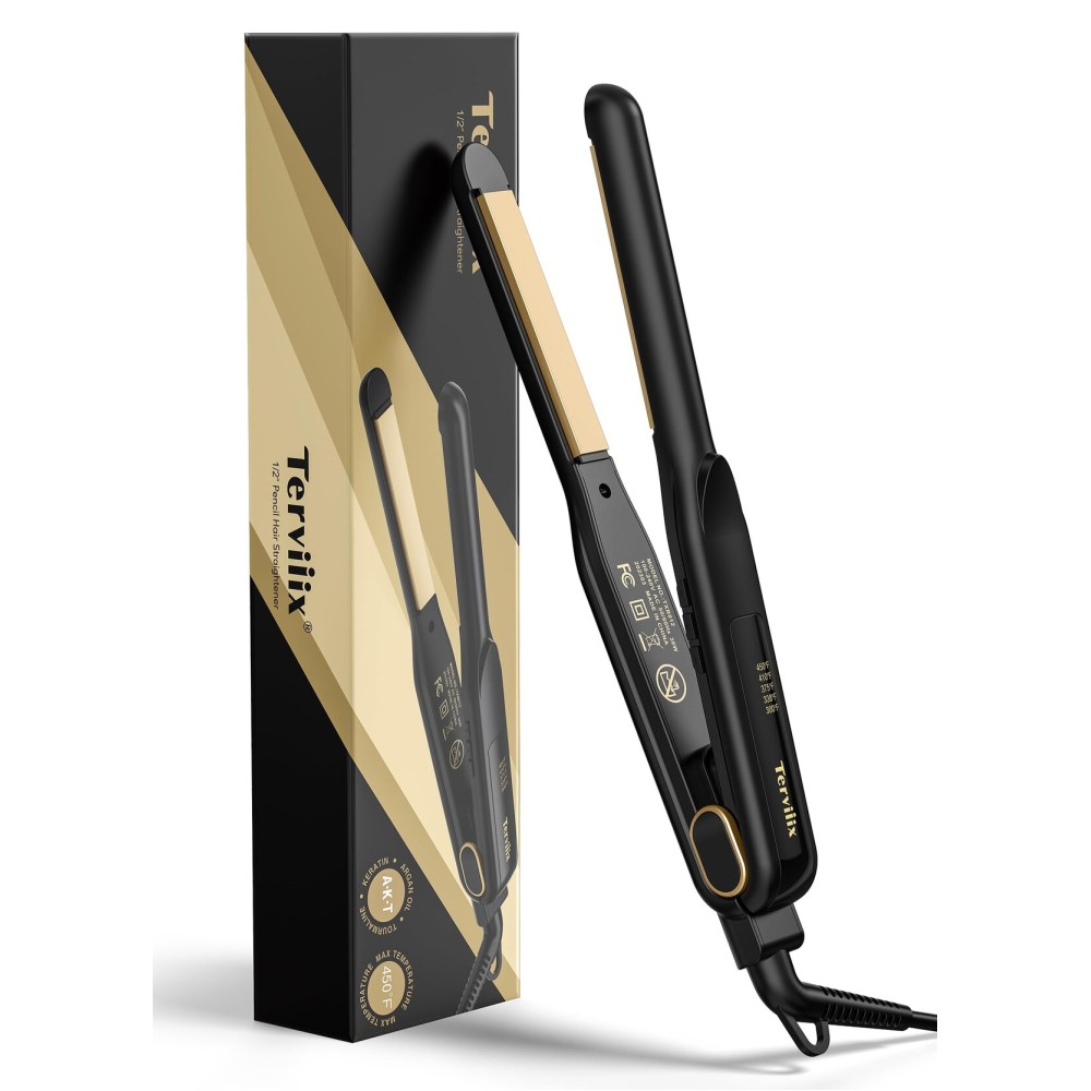 Terviiix 1/2 Inch Flat Iron for Short Hair, Small Hair Straightener and Curler 2-in-1 for Pixie Cuts & Touch-Ups, Rounded Edge Mini Flat Iron for Men and Women, Dual Voltage Travel-Friendly