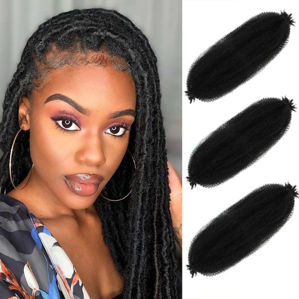 Springy Afro Twist Hair 16 Inch 3 Packs Black Color Pre Fluffed Marley Twist Braiding Hair (16inch, 1B)