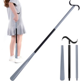 35 Long Dressing Stick with Shoe Horn with Sock Removal Tool, Adjustable Extended Dressing Aids for Shoes, Socks, Shirts and Pants Grey and Black