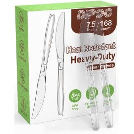 Dipoo 168pc 7.5 Clear Plastic Knives Heavy Duty Upgraded Heat Resistant & BPA Free, Solid and Durable Plastic Cutlery, Premium Disposable Knives, for Party Supply