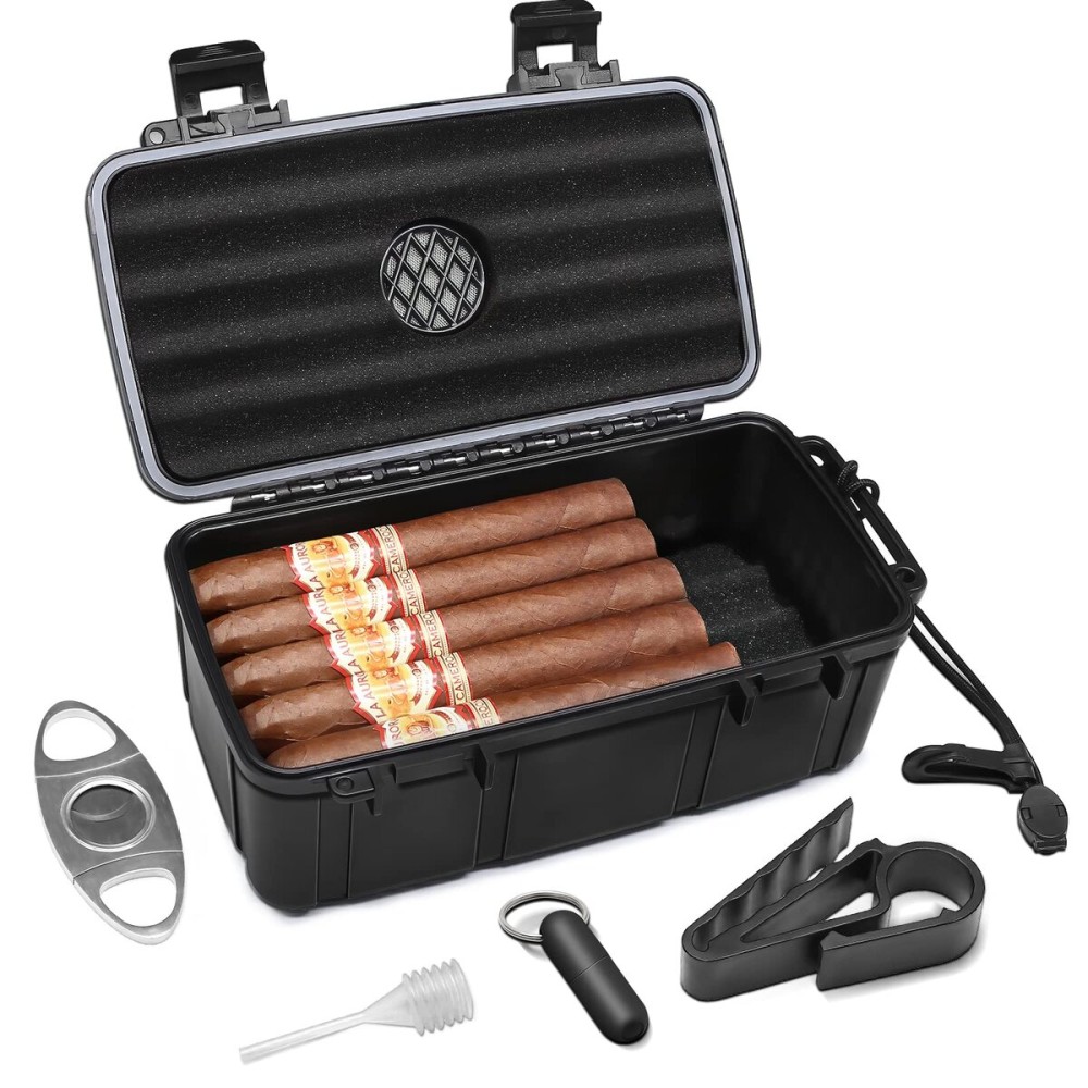 Flauno Travel Cigar Humidor - Portable Cigar Case kit with Cigar Cutter, Cigar Punch, Cigar Holder, Humidifier & Dropper, Waterproof, Crushproof, Airtight (Holds up to 15 Cigars)