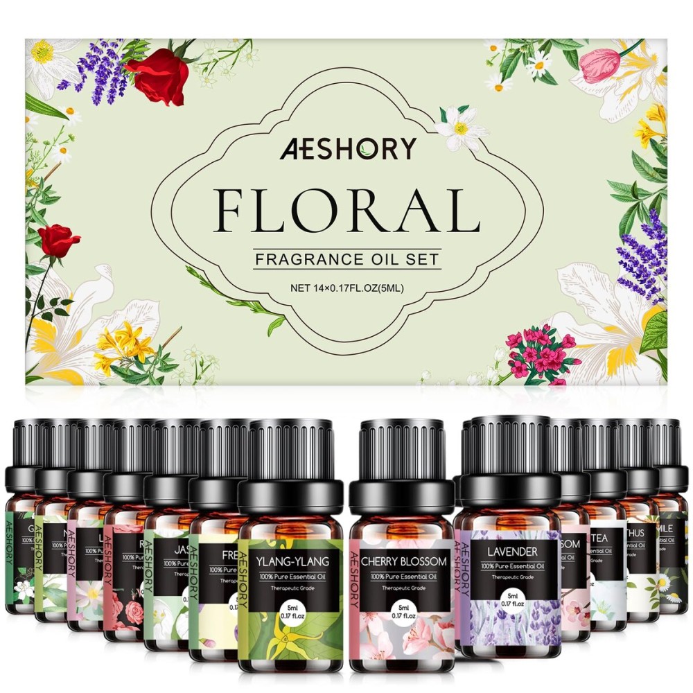 Floral Essential Oils Set - 14 Pcs Fragrance Oil for Diffusers, Aromatherapy, Candle Making - Lavender, Geranium, Rose, Jasmine, Gardenia Aromatherapy Essential Oils Kit