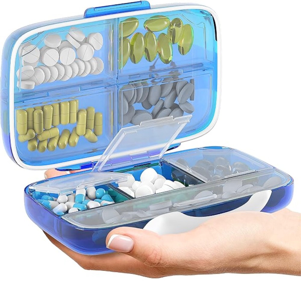 Travel Pill Organizer - Airtight Medicine Case for Traveling Portable Pharmacy Box with Labels Vitamin Container 8 Compartment Supplement Medication Holder Large Capacity Daily (Blue)