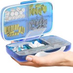 Travel Pill Organizer - Airtight Medicine Case for Traveling Portable Pharmacy Box with Labels Vitamin Container 8 Compartment Supplement Medication Holder Large Capacity Daily (Blue)
