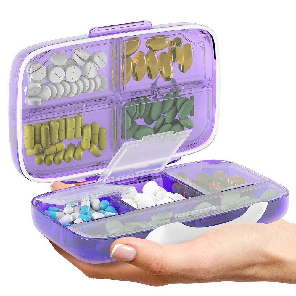Travel Pill Organizer - Moisture-Proof Medicine Pill Organizer with Labels, 8 Compartment Pill Box Case for Vitamins & Supplements, Portable Pocket Pharmacy (Purple)