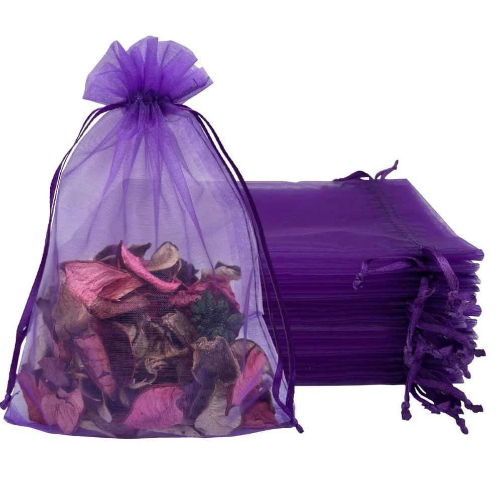 Jexila 100PCS Purple Organza Gift Bags 5\'\'X7\'\' Drawstring Pouch Small Mesh Jewelry Sachet Bag for Birthday Halloween Party Favor Goodie Candy Bags (Purple)