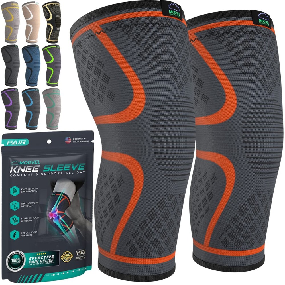 Modvel Compression Knee Brace for Women & Men, 2-Pack Knee Brace for Running Knee Pain, Knee Support Compression Sleeve, Workout Sports Knee Braces for Meniscus Tear, ACL & Arthritis Pain Relief
