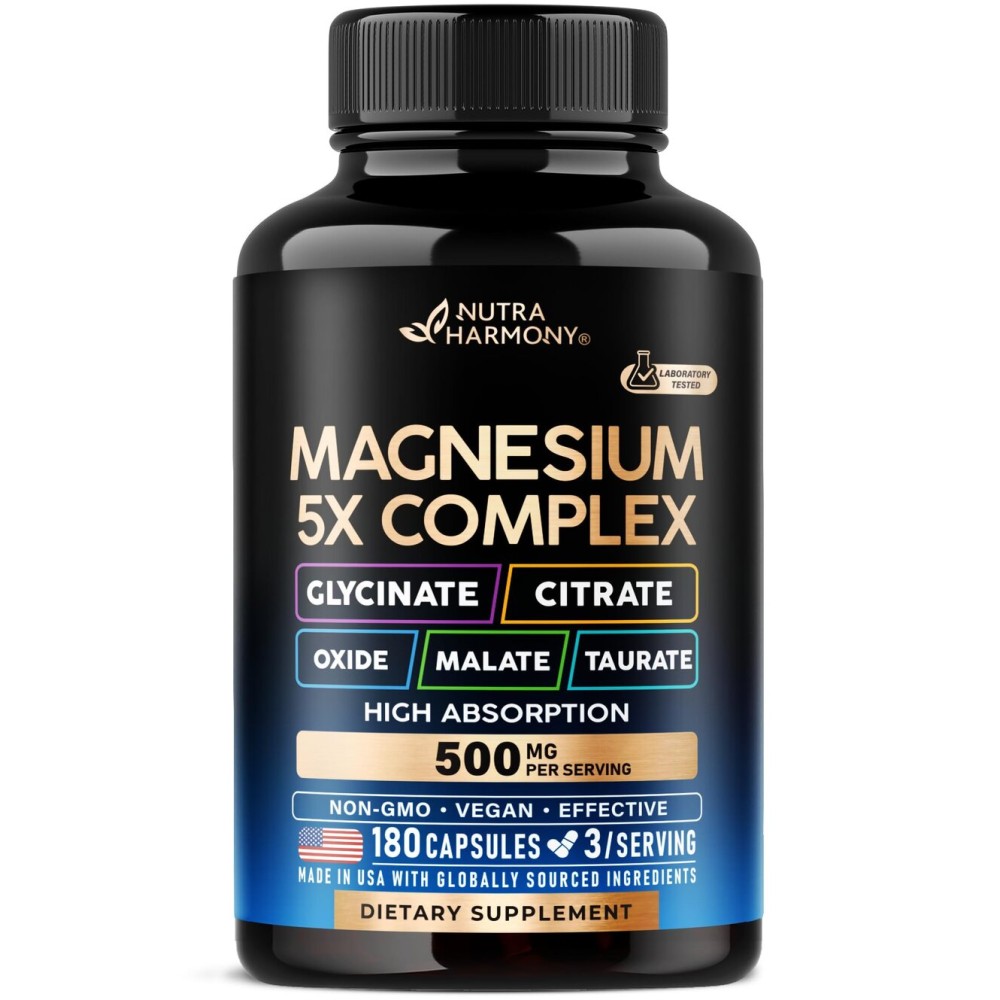 Magnesium Supplement - 5 in 1 Complex | Glycinate | Citrate | Malate | Taurate | Oxide - Made in USA - Stress, Muscle & Heart Support - Vegan, Natural, Non-GMO - 180 Capsules, 2 Month Supply