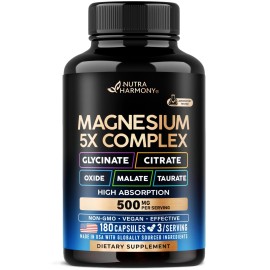 Magnesium Supplement - 5 in 1 Complex | Glycinate | Citrate | Malate | Taurate | Oxide - Made in USA - Stress, Muscle & Heart Support - Vegan, Natural, Non-GMO - 180 Capsules, 2 Month Supply