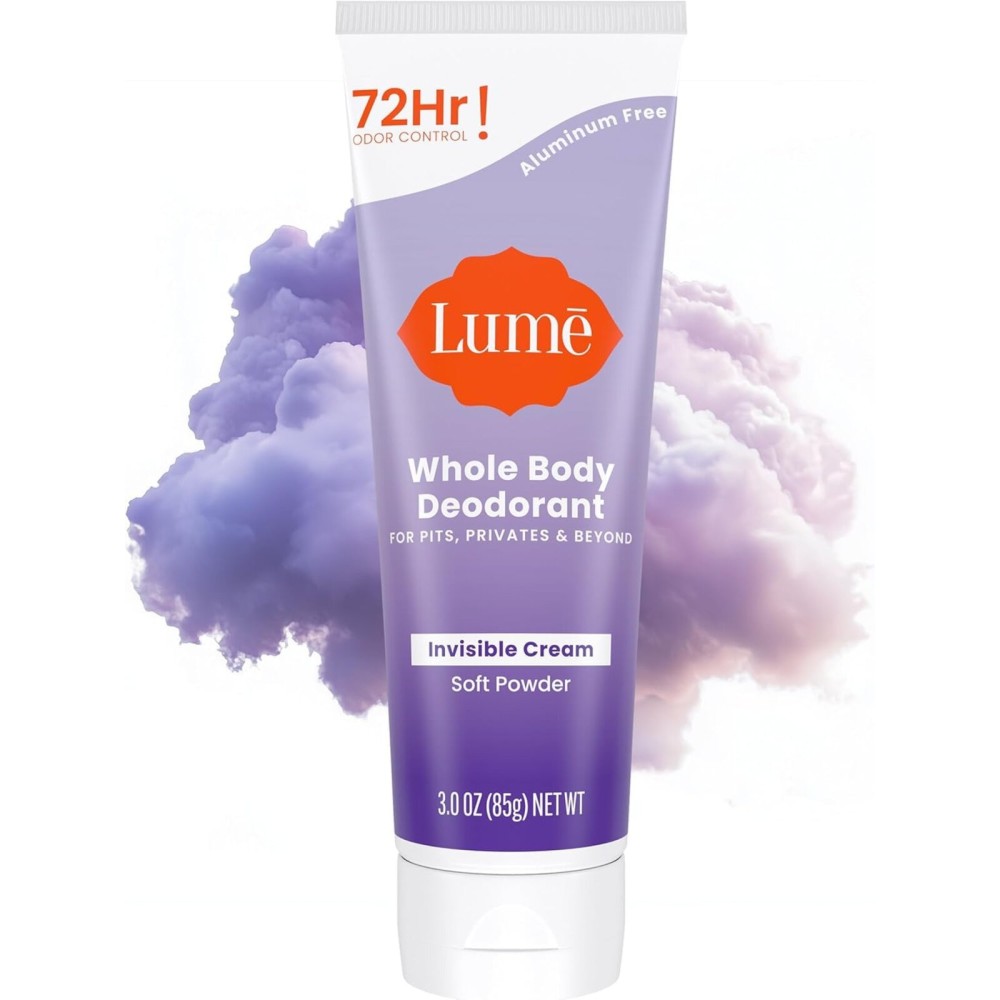 Lume Whole Body Deodorant - Invisible Cream Tube - 72 Hour Odor Control - Aluminum Free, Baking Soda Free, Skin Safe - 3.0 ounce (Soft Powder)