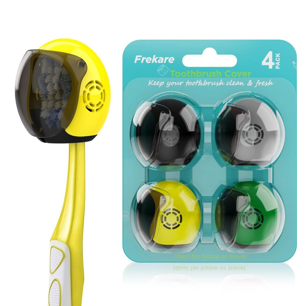 Frekare Helmet Toothbrush Covers Caps, Fits Most Manual and Electric Tooth Brushes, 4 Count (Black, Grey, Green, Yellow)