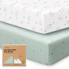 Pack and Play Sheets Fitted - 2-Pack Mini Crib Sheets for Pack N Play Mattress 38x26, Soft & Cozy, Neutral Toddler Playard Bedding, Snug Fitted Mini Baby Crib Mattress Cover Boy, Girl (Bunnies)